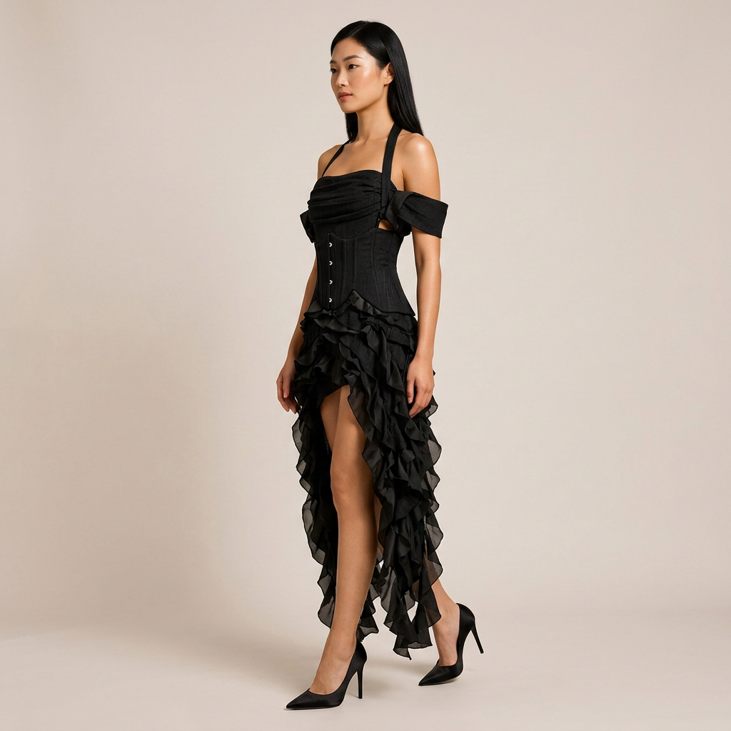Halter Corset &amp; Asymmetric Ruffle Shorts Two-Piece Set-Vyana Collective