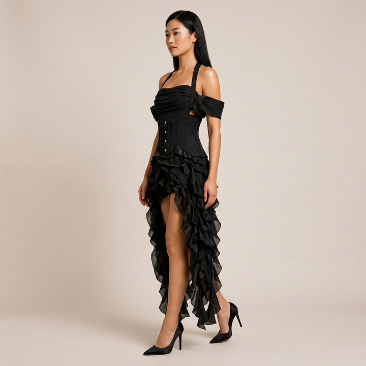 Halter Corset &amp; Asymmetric Ruffle Shorts Two-Piece Set-Vyana Collective