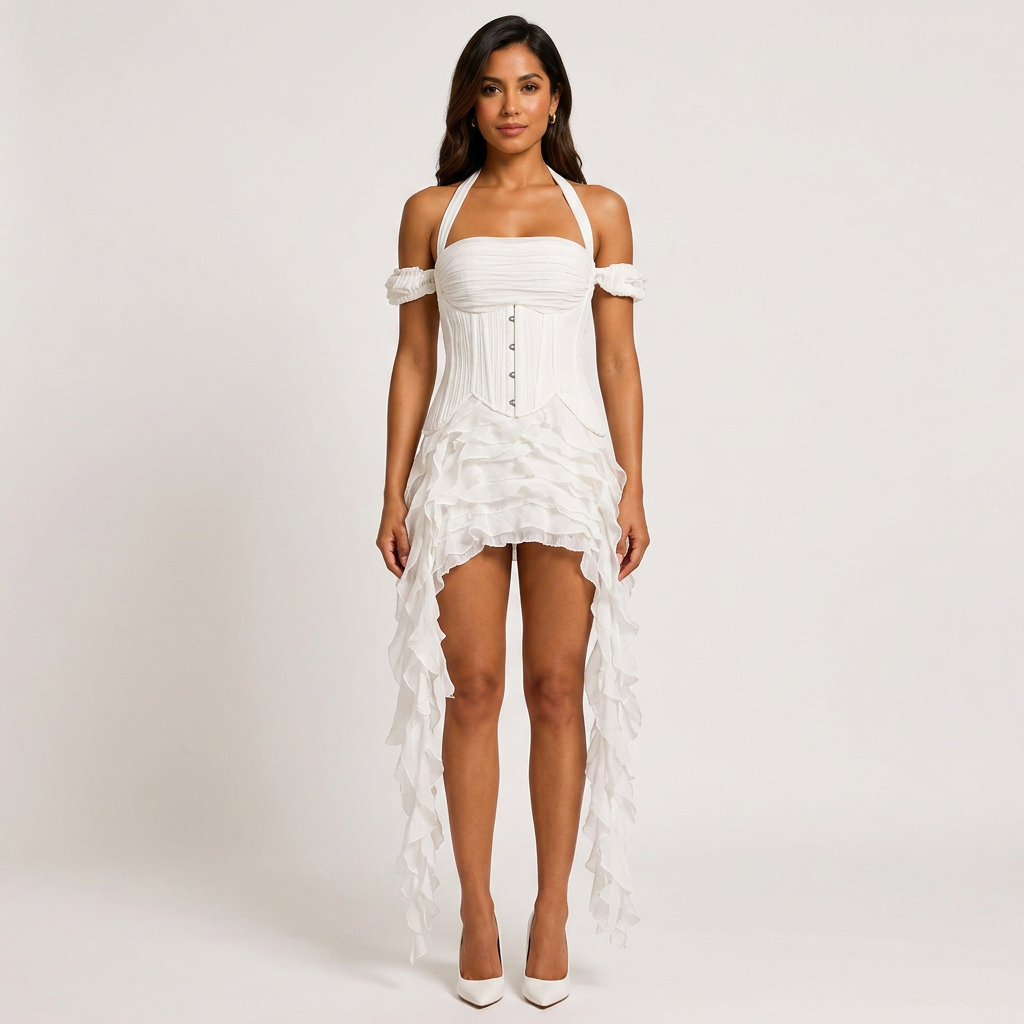 Halter Corset &amp; Asymmetric Ruffle Shorts Two-Piece Set-Vyana Collective