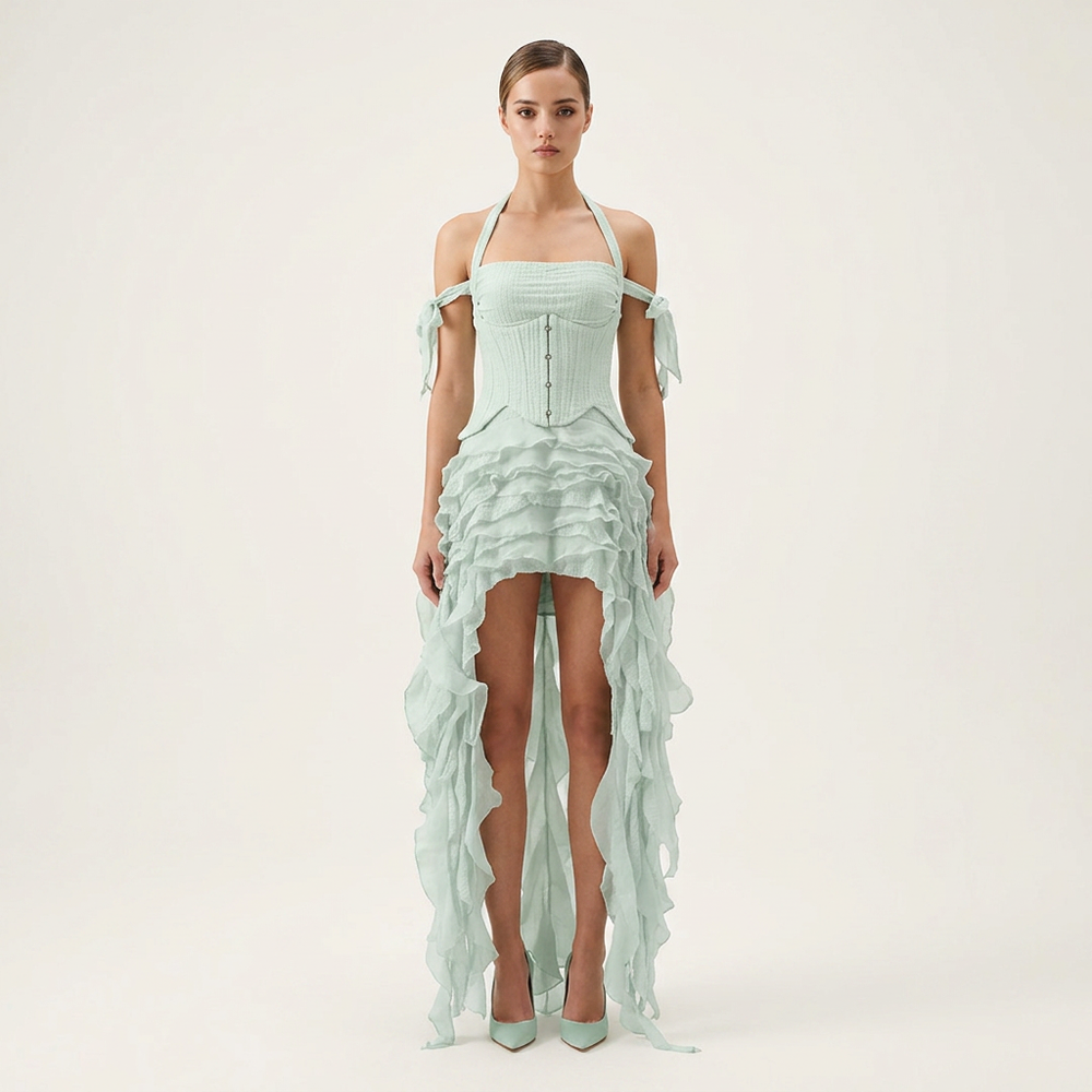 Halter Corset & Asymmetric Ruffle Shorts Two-Piece Set-Vyana Collective