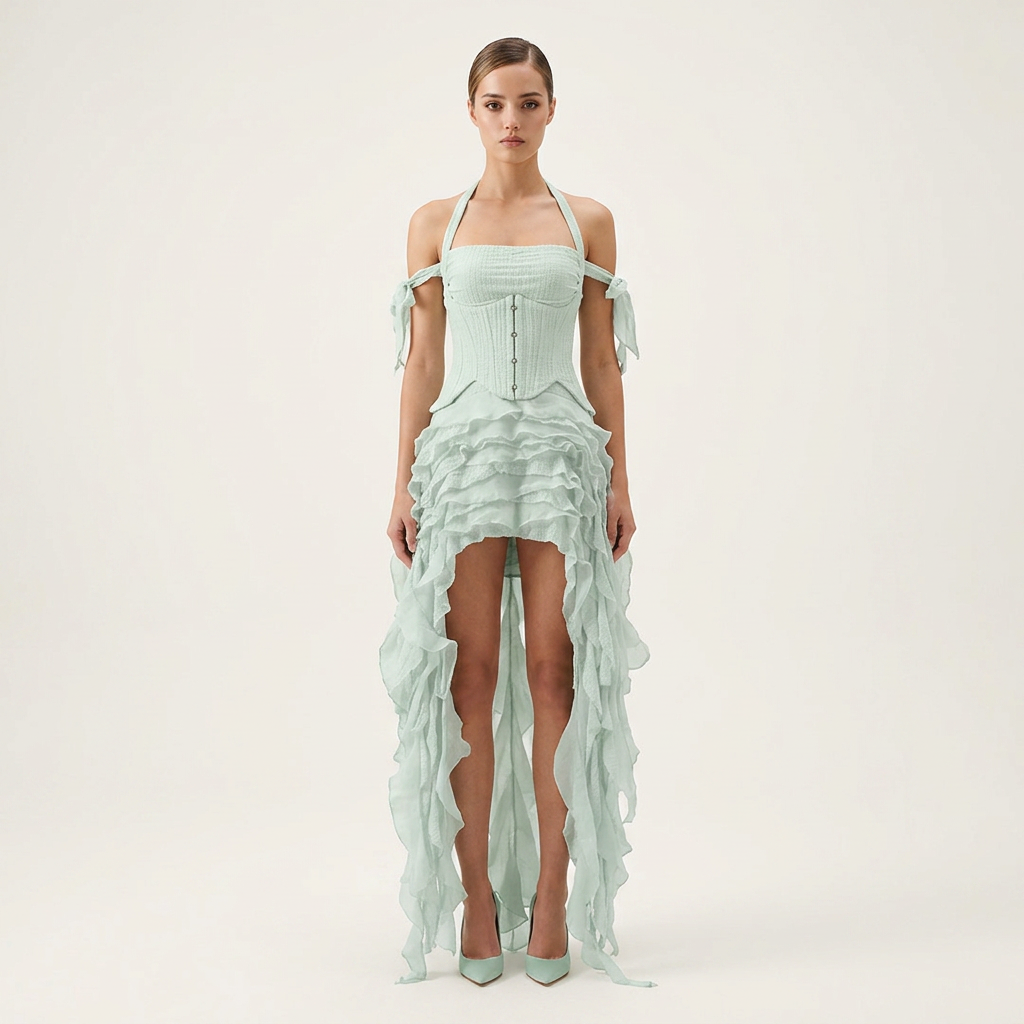 Halter Corset &amp; Asymmetric Ruffle Shorts Two-Piece Set-Vyana Collective