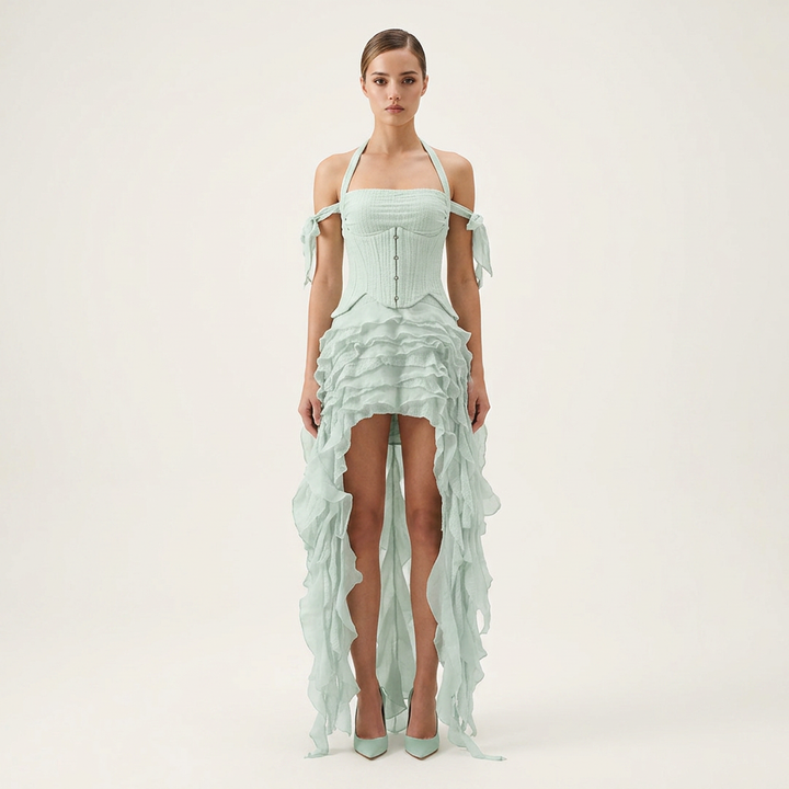 Halter Corset &amp; Asymmetric Ruffle Shorts Two-Piece Set-Vyana Collective