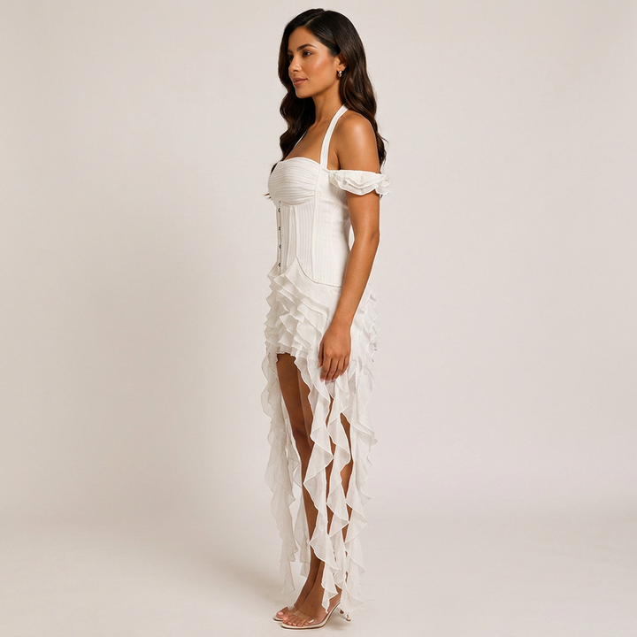 Halter Corset &amp; Asymmetric Ruffle Shorts Two-Piece Set-Vyana Collective