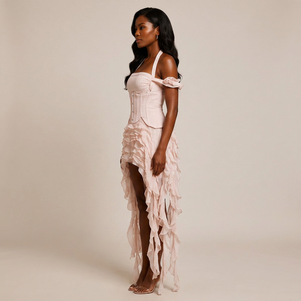 Halter Corset &amp; Asymmetric Ruffle Shorts Two-Piece Set-Vyana Collective