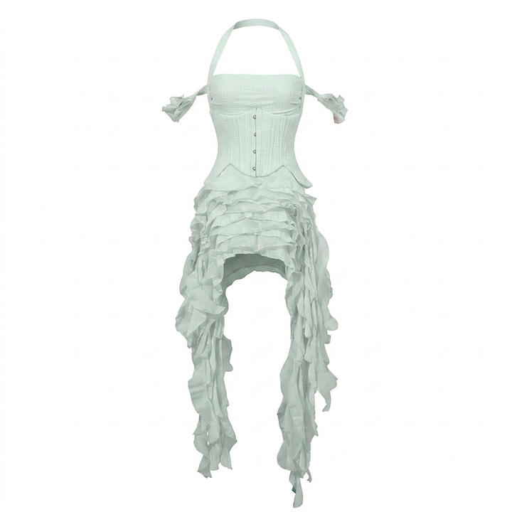 Halter Corset &amp; Asymmetric Ruffle Shorts Two-Piece Set-Vyana Collective