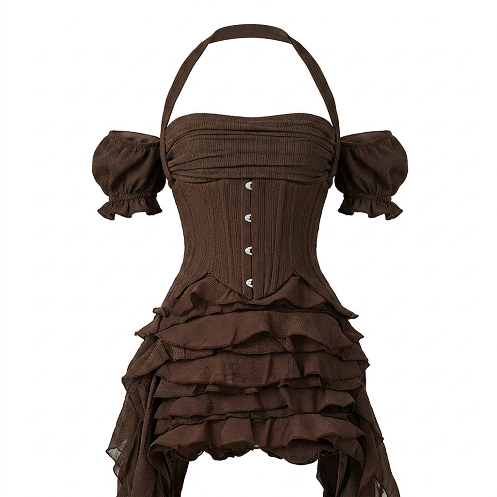 Halter Corset &amp; Asymmetric Ruffle Shorts Two-Piece Set-Vyana Collective