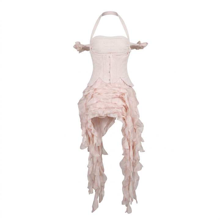 Halter Corset &amp; Asymmetric Ruffle Shorts Two-Piece Set-Vyana Collective