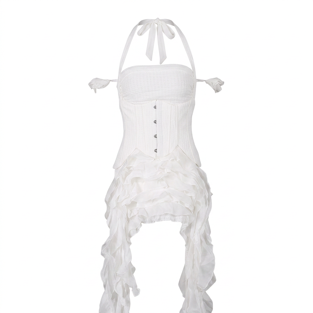 Halter Corset &amp; Asymmetric Ruffle Shorts Two-Piece Set-Vyana Collective