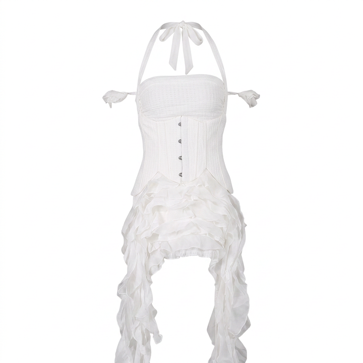 Halter Corset &amp; Asymmetric Ruffle Shorts Two-Piece Set-Vyana Collective