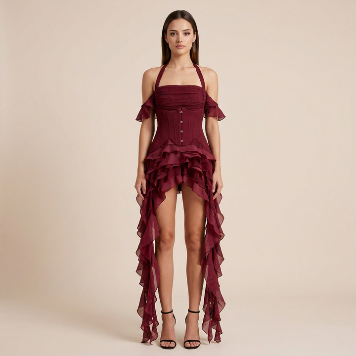 Halter Corset &amp; Asymmetric Ruffle Shorts Two-Piece Set-Vyana Collective