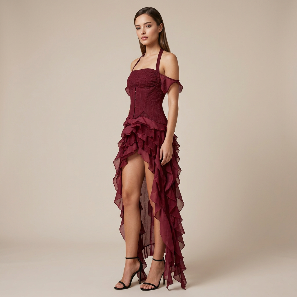 Halter Corset &amp; Asymmetric Ruffle Shorts Two-Piece Set-Vyana Collective