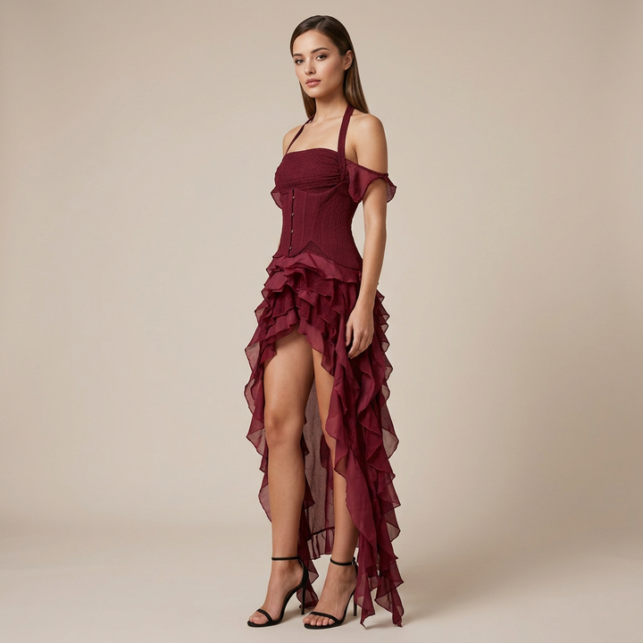 Halter Corset &amp; Asymmetric Ruffle Shorts Two-Piece Set-Vyana Collective