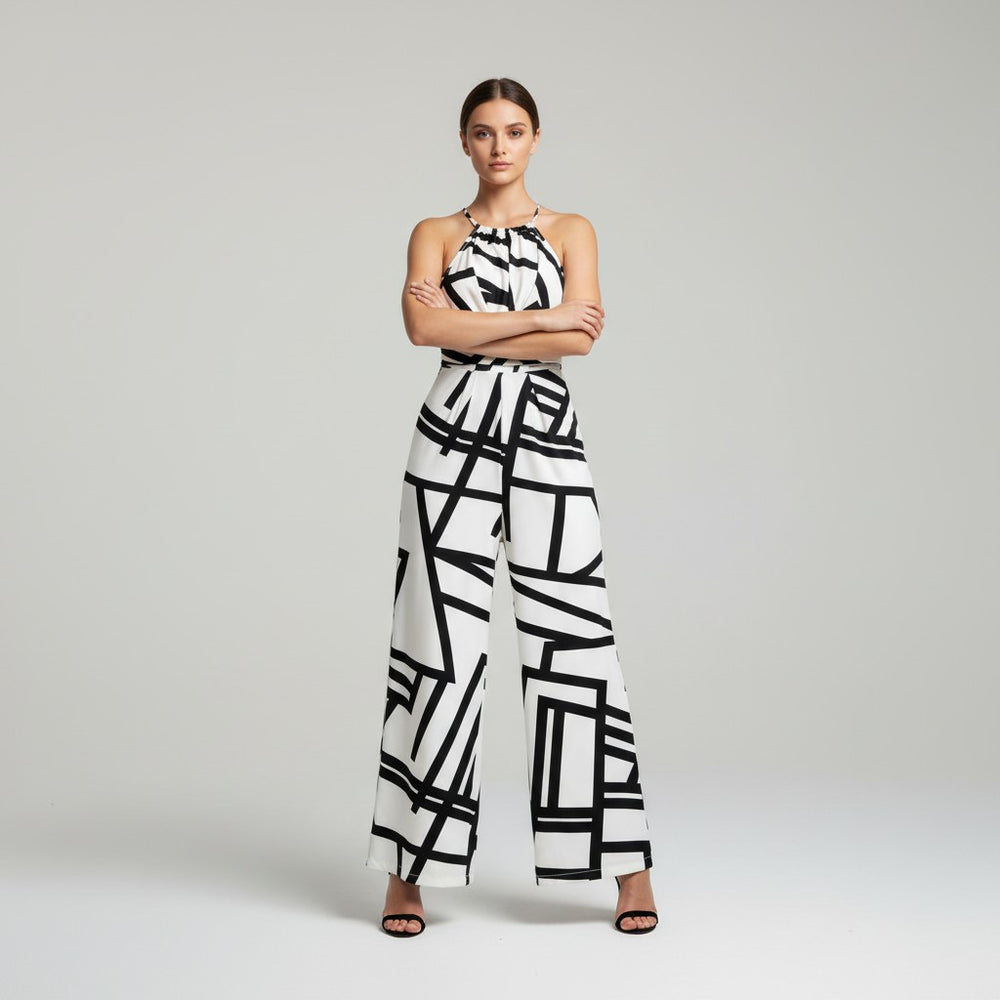 Halter Neck Striped Wide Leg Jumpsuit-Vyana Collective
