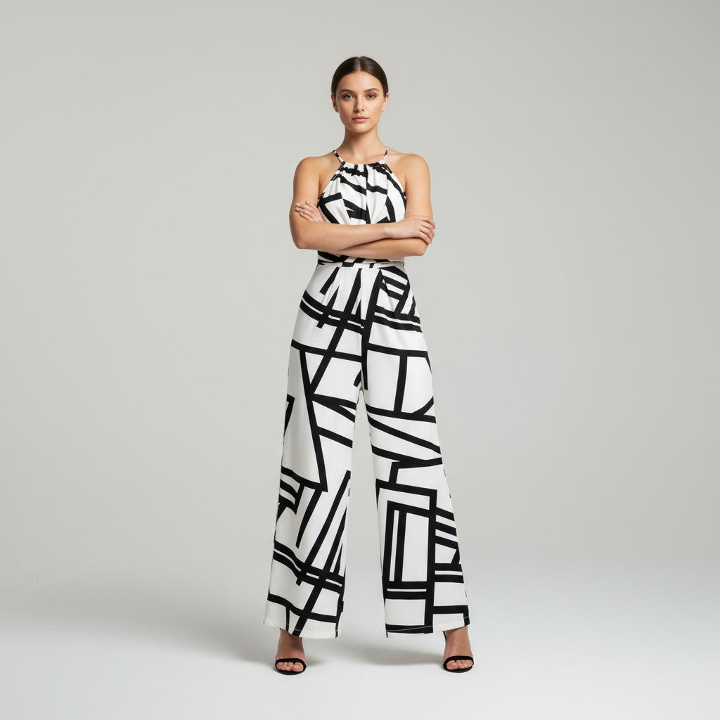Halter Neck Striped Wide Leg Jumpsuit-Vyana Collective