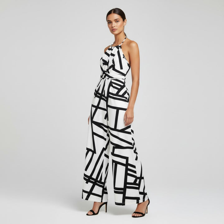 Halter Neck Striped Wide Leg Jumpsuit-Vyana Collective