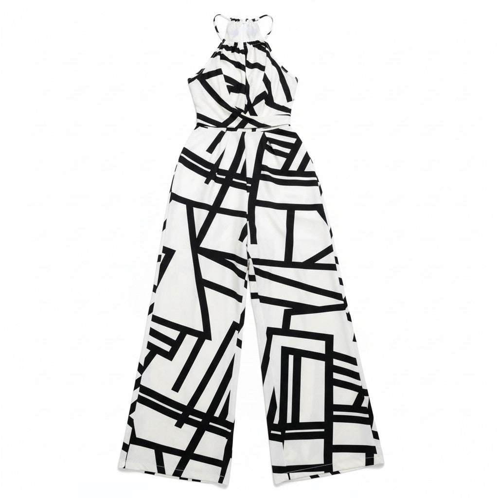 Halter Neck Striped Wide Leg Jumpsuit-Vyana Collective