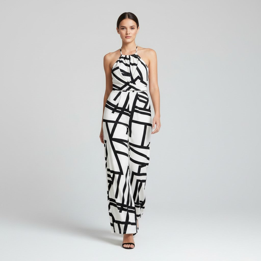 Halter Neck Striped Wide Leg Jumpsuit-Vyana Collective