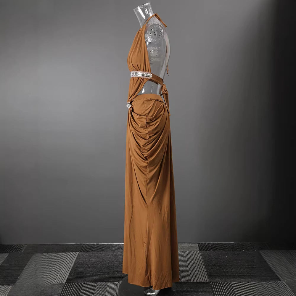Halter Rhinestone Waist Double Ruched Mermaid Maxi Evening Dress for Friday Night Vibes Women-Vyana Collective