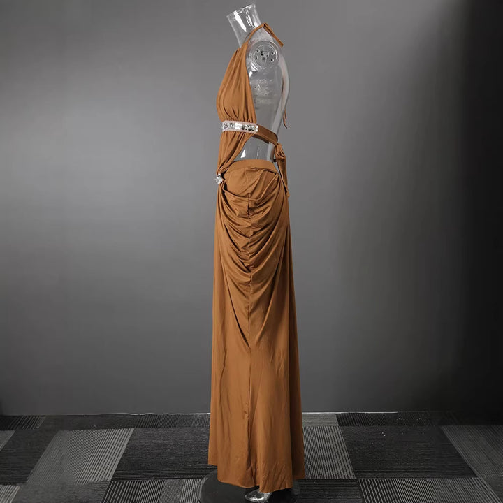 Halter Rhinestone Waist Double Ruched Mermaid Maxi Evening Dress for Friday Night Vibes Women-Vyana Collective