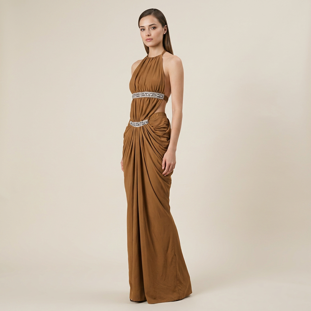 Halter Rhinestone Waist Double Ruched Mermaid Maxi Evening Dress for Friday Night Vibes Women-Vyana Collective