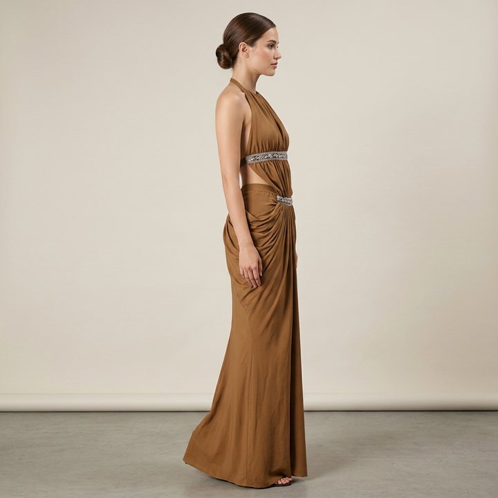 Halter Rhinestone Waist Double Ruched Mermaid Maxi Evening Dress for Friday Night Vibes Women-Vyana Collective