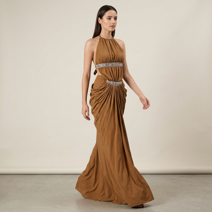 Halter Rhinestone Waist Double Ruched Mermaid Maxi Evening Dress for Friday Night Vibes Women-Vyana Collective