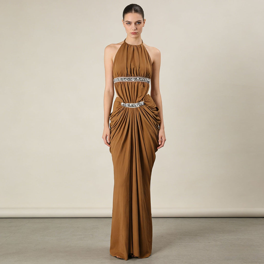 Halter Rhinestone Waist Double Ruched Mermaid Maxi Evening Dress for Friday Night Vibes Women-Vyana Collective
