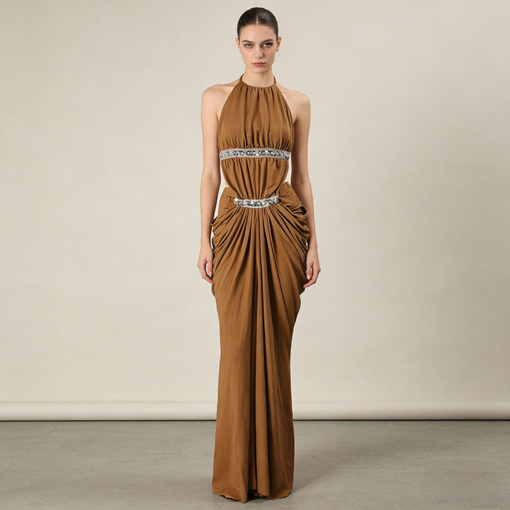 Halter Rhinestone Waist Double Ruched Mermaid Maxi Evening Dress for Friday Night Vibes Women-Vyana Collective