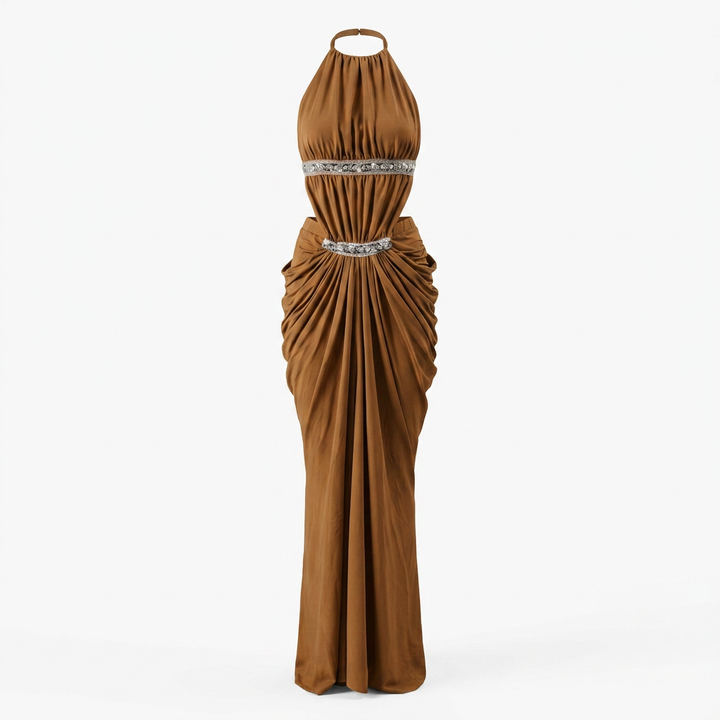 Halter Rhinestone Waist Double Ruched Mermaid Maxi Evening Dress for Friday Night Vibes Women-Vyana Collective