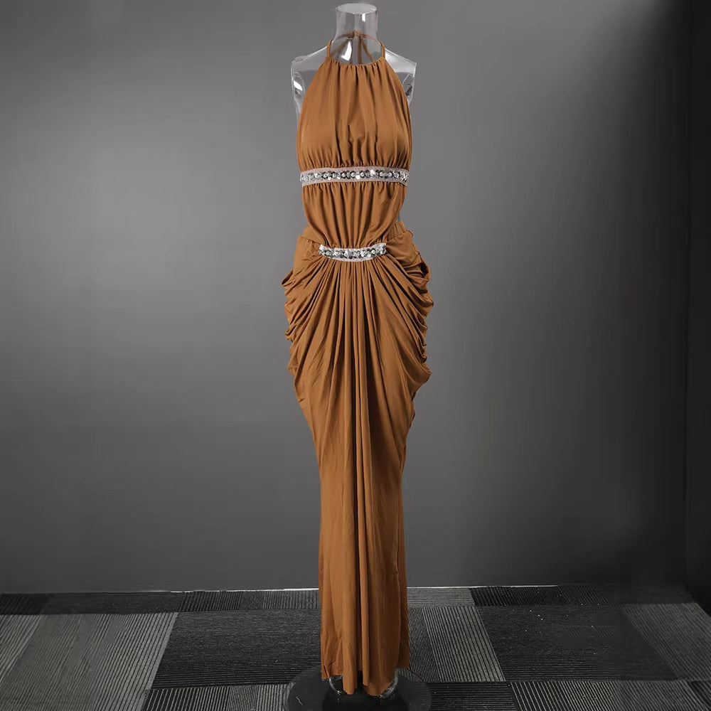 Halter Rhinestone Waist Double Ruched Mermaid Maxi Evening Dress for Friday Night Vibes Women-Vyana Collective