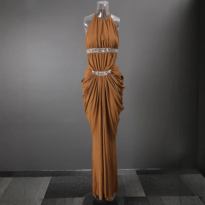 Halter Rhinestone Waist Double Ruched Mermaid Maxi Evening Dress for Friday Night Vibes Women-Vyana Collective