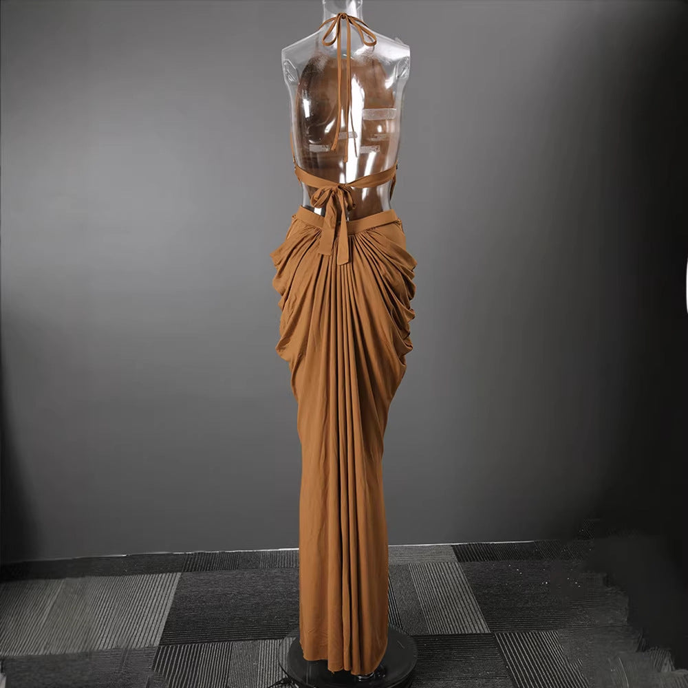 Halter Rhinestone Waist Double Ruched Mermaid Maxi Evening Dress for Friday Night Vibes Women-Vyana Collective