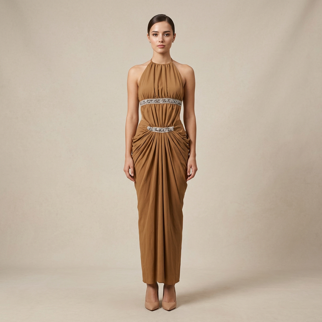 Halter Rhinestone Waist Double Ruched Mermaid Maxi Evening Dress for Friday Night Vibes Women-Vyana Collective