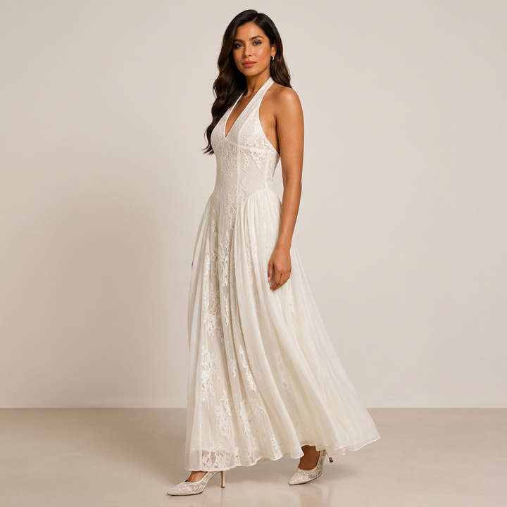 Halter V-Neck Floral Lace Midi Dress-Vyana Collective