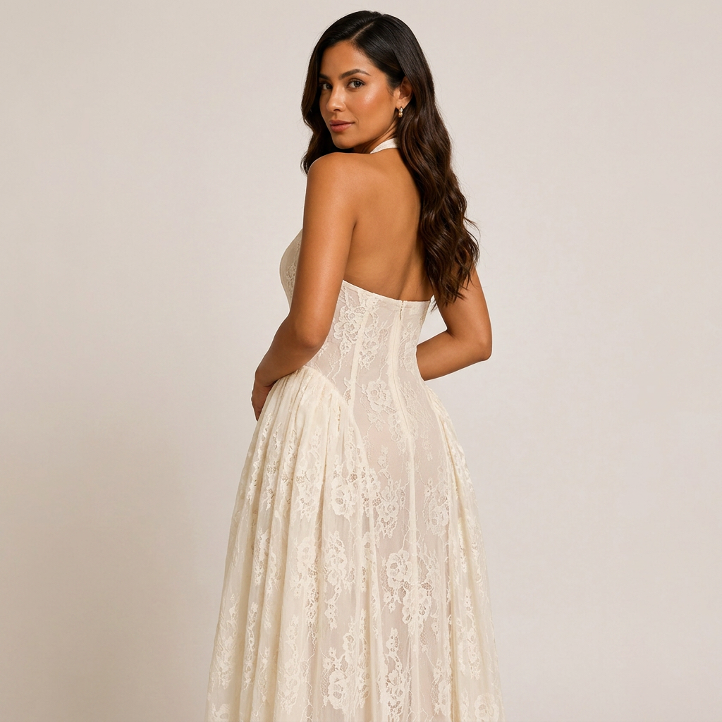Halter V-Neck Floral Lace Midi Dress-Vyana Collective