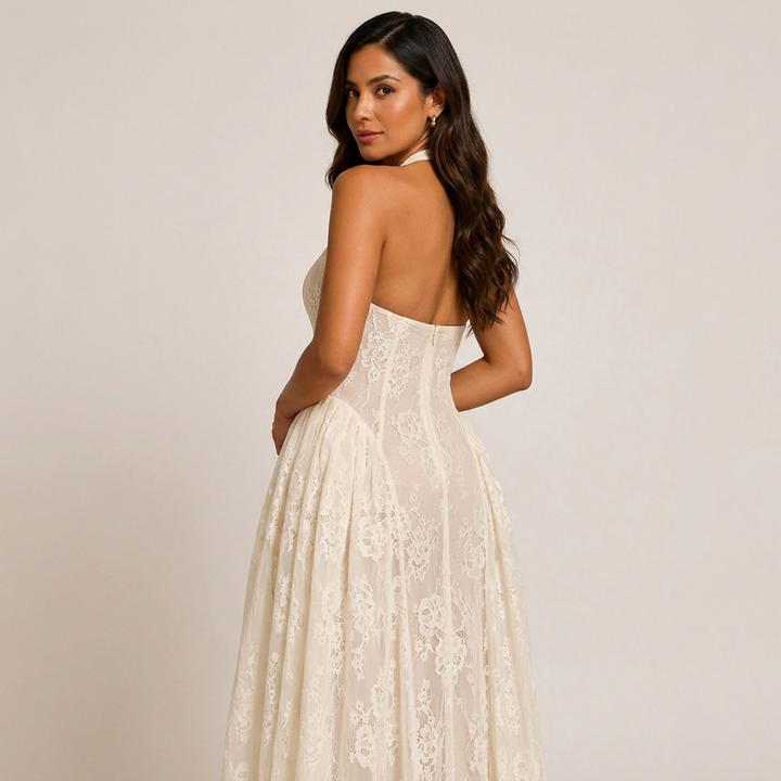 Halter V-Neck Floral Lace Midi Dress-Vyana Collective