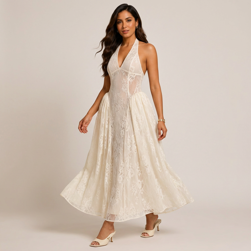 Halter V-Neck Floral Lace Midi Dress-Vyana Collective
