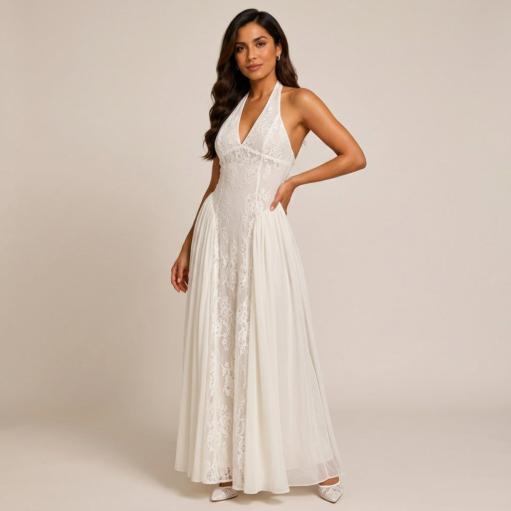 Halter V-Neck Floral Lace Midi Dress-Vyana Collective
