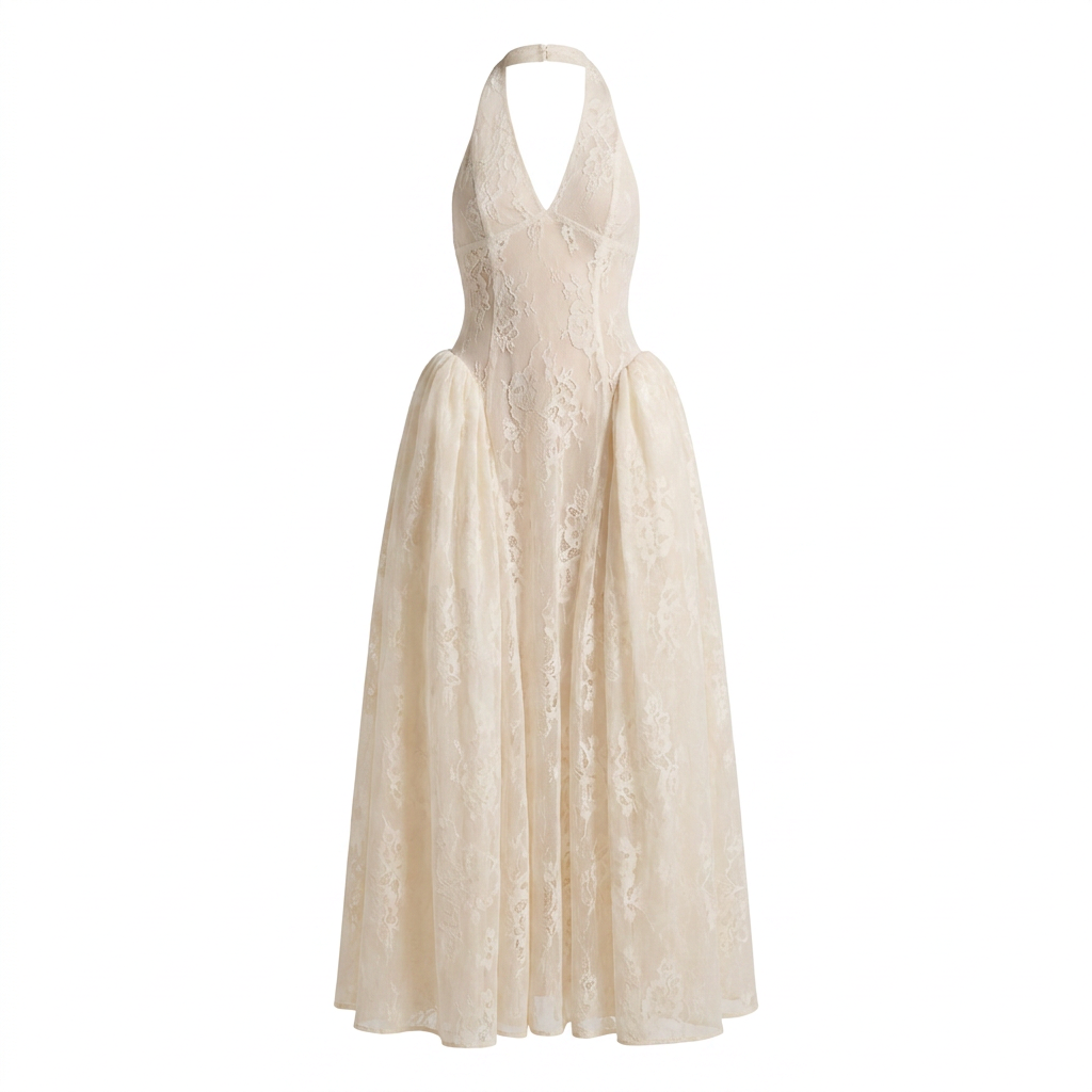 Halter V-Neck Floral Lace Midi Dress-Vyana Collective