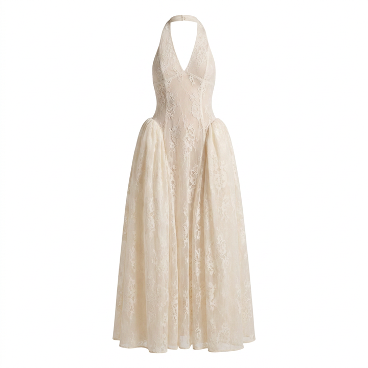 Halter V-Neck Floral Lace Midi Dress-Vyana Collective
