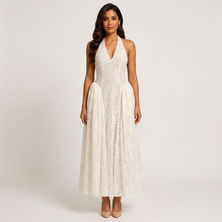 Halter V-Neck Floral Lace Midi Dress-Vyana Collective