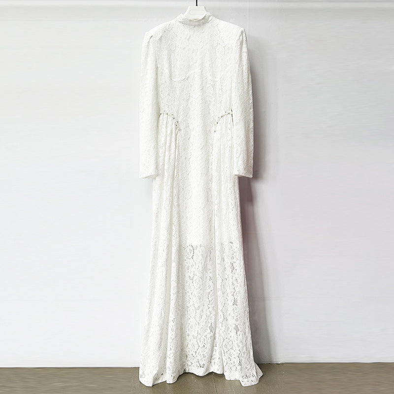 High-Neck Long-Sleeve Lace Maxi Evening Gown-Vyana Collective
