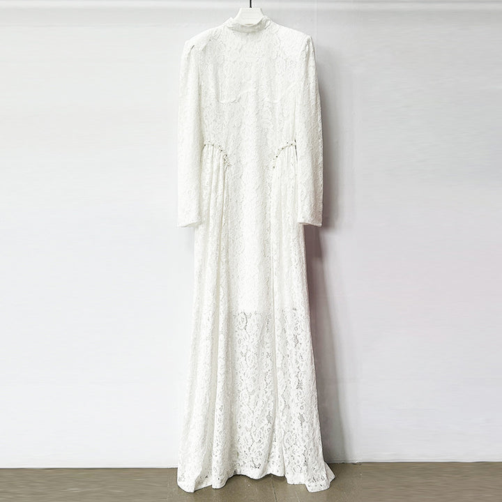 High-Neck Long-Sleeve Lace Maxi Evening Gown-Vyana Collective