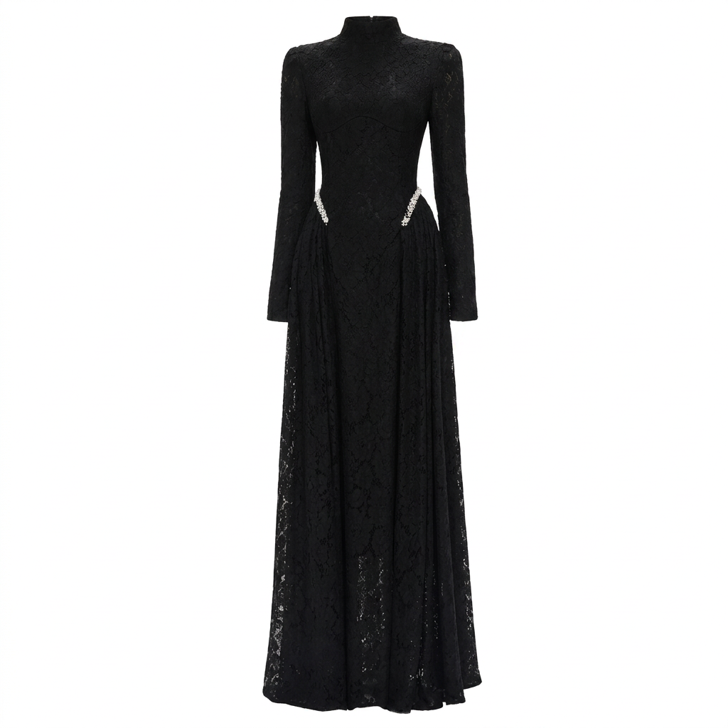 High-Neck Long-Sleeve Lace Maxi Evening Gown-Vyana Collective