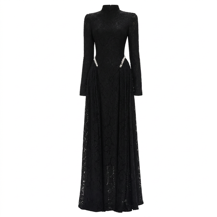 High-Neck Long-Sleeve Lace Maxi Evening Gown-Vyana Collective