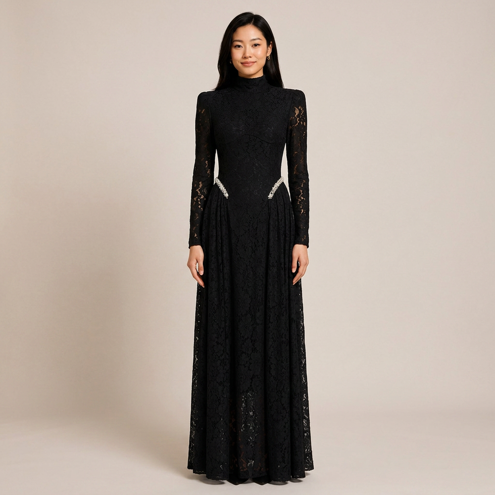 High-Neck Long-Sleeve Lace Maxi Evening Gown-Vyana Collective