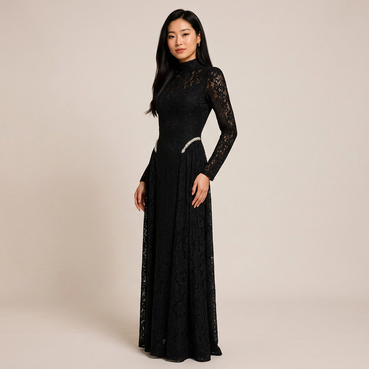 High-Neck Long-Sleeve Lace Maxi Evening Gown-Vyana Collective
