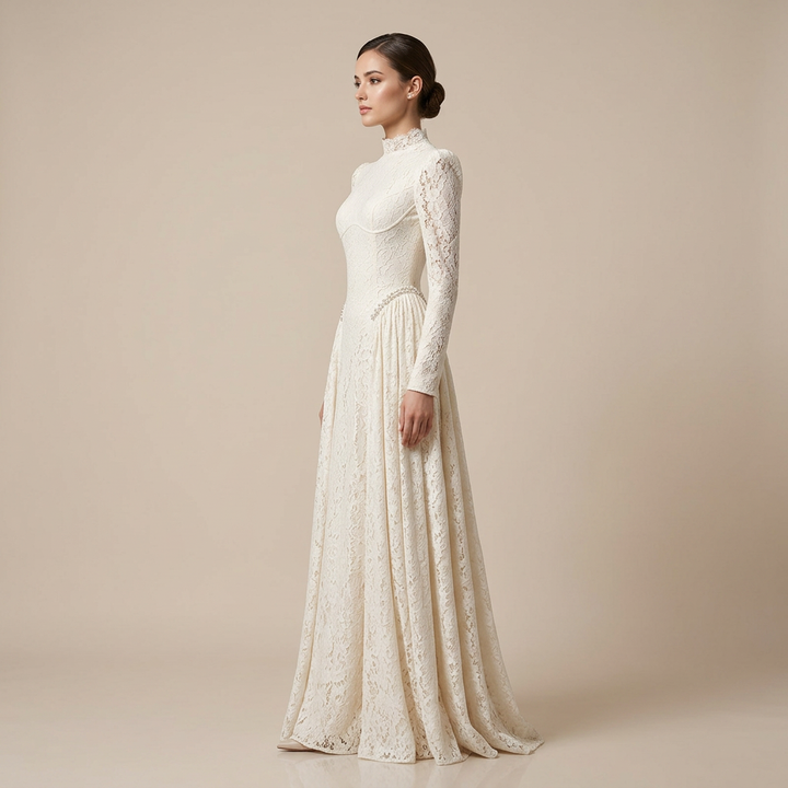 High-Neck Long-Sleeve Lace Maxi Evening Gown-Vyana Collective