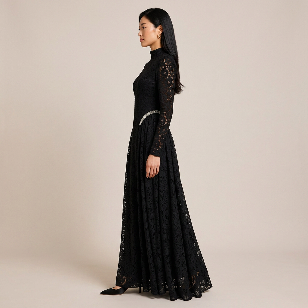 High-Neck Long-Sleeve Lace Maxi Evening Gown-Vyana Collective
