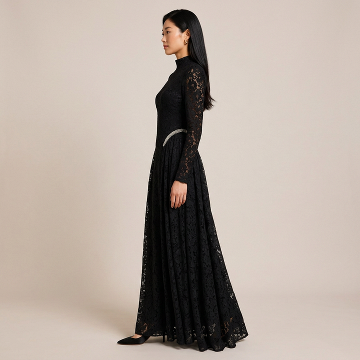 High-Neck Long-Sleeve Lace Maxi Evening Gown-Vyana Collective